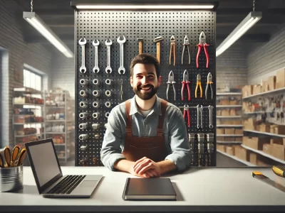 DALL·E 2024-12-30 12.53.57 - A realistic image of a hardware store owner with a happy expression, positioned behind a service counter. Behind him, there is a perforated panel with